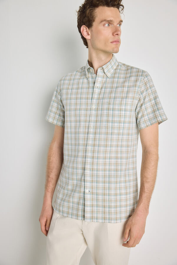 Pedro del Hierro Camisa de xadrez de manga curta C&aacute;qui m&eacute;dio