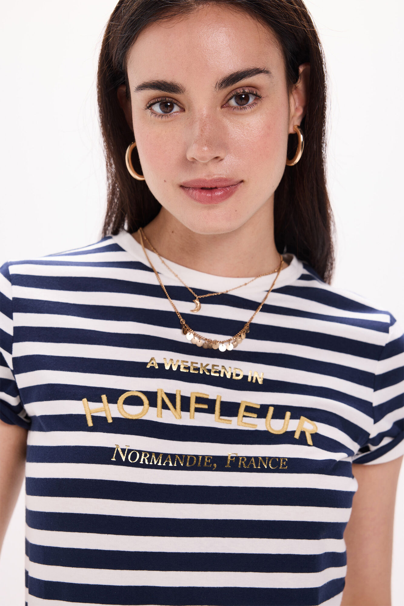 Milano Camiseta riscas de manga curta e soft touch com estampado