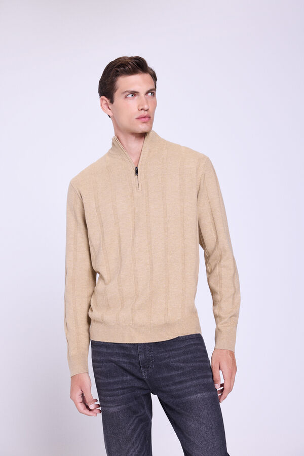 Milano Camisola Canalé com fecho médio Camel