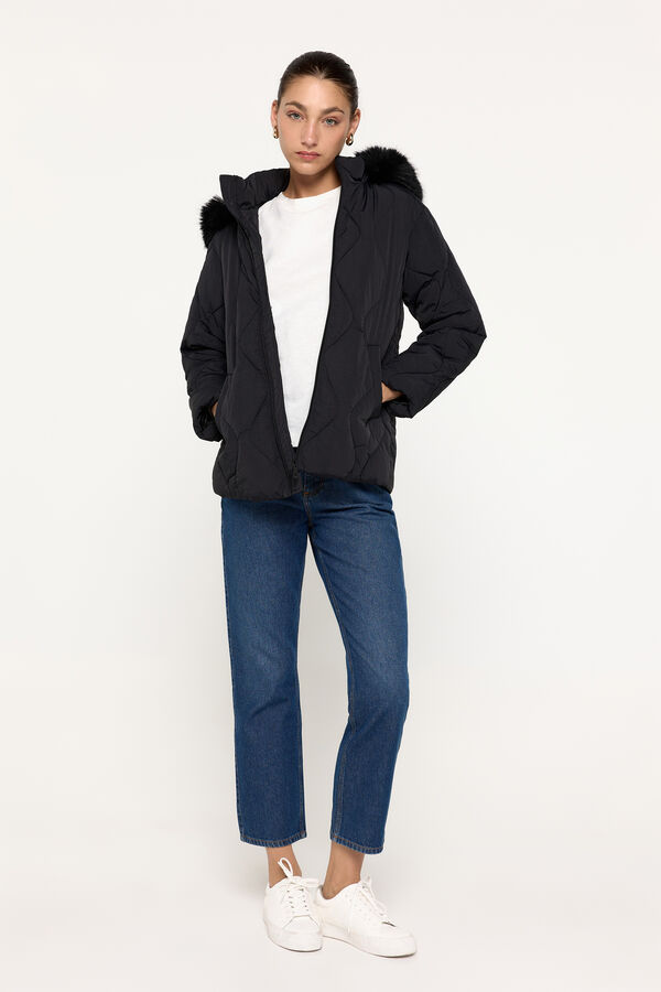 Milano Jaqueta casaco de penas com pelo no capuz Preto