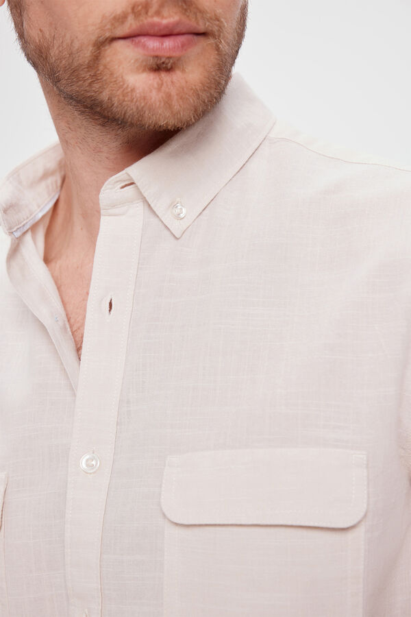 Milano Camisa lisa Slub com bolsos Bege