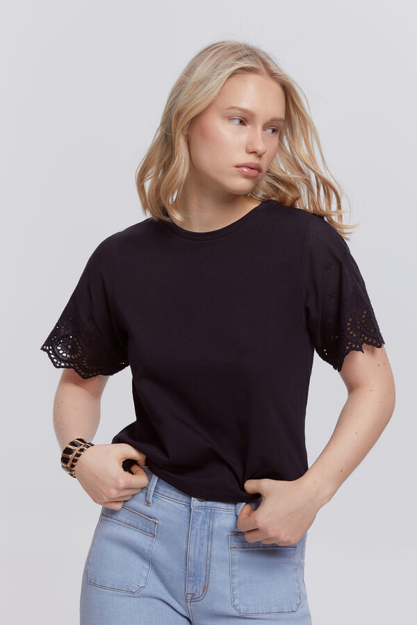 Milano T-shirt com mangas bordadas Preto
