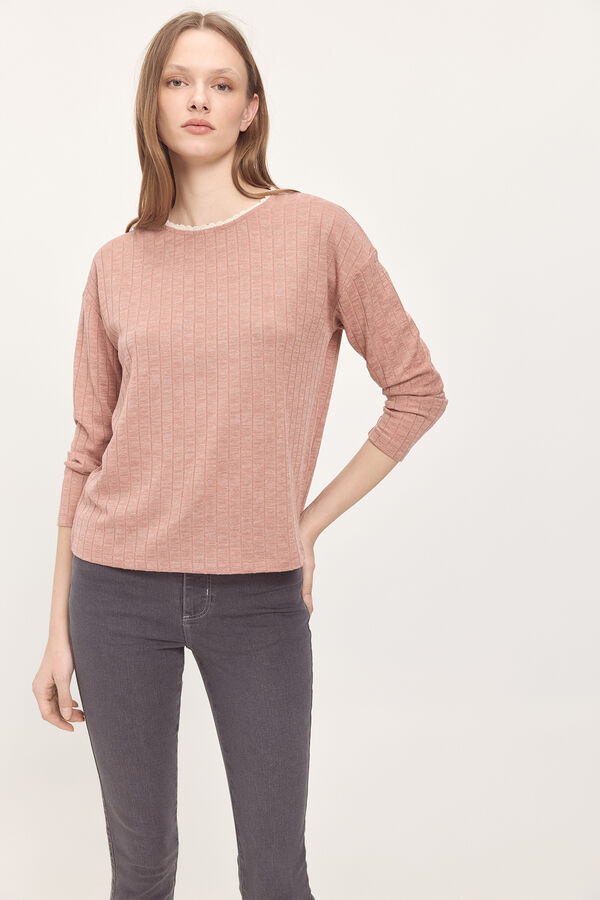 Milano Camisola canelada de toque suave com detalhe de renda na gola Rosa