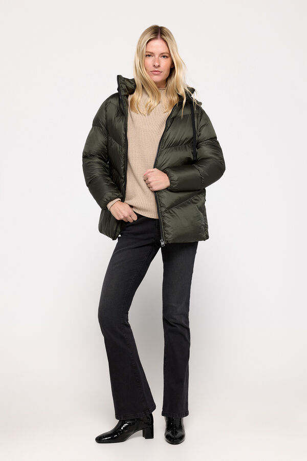 Milano Sobretudo acolchoado com capuz em tecido brilhante Cáqui escuro