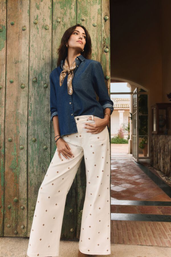 Milano Pantal&oacute;n ancho con bordado Marfil