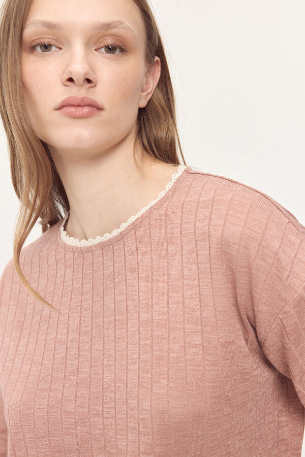 Milano Camisola canelada de toque suave com detalhe de renda na gola Rosa