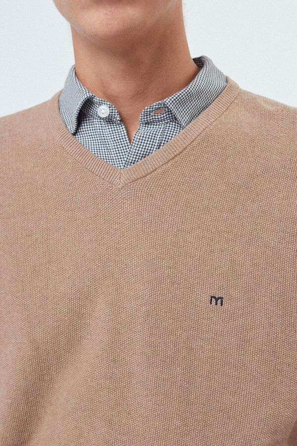 Fifty Outlet camisola de gola em bico com algodão de qualidade com microestrutura Bege