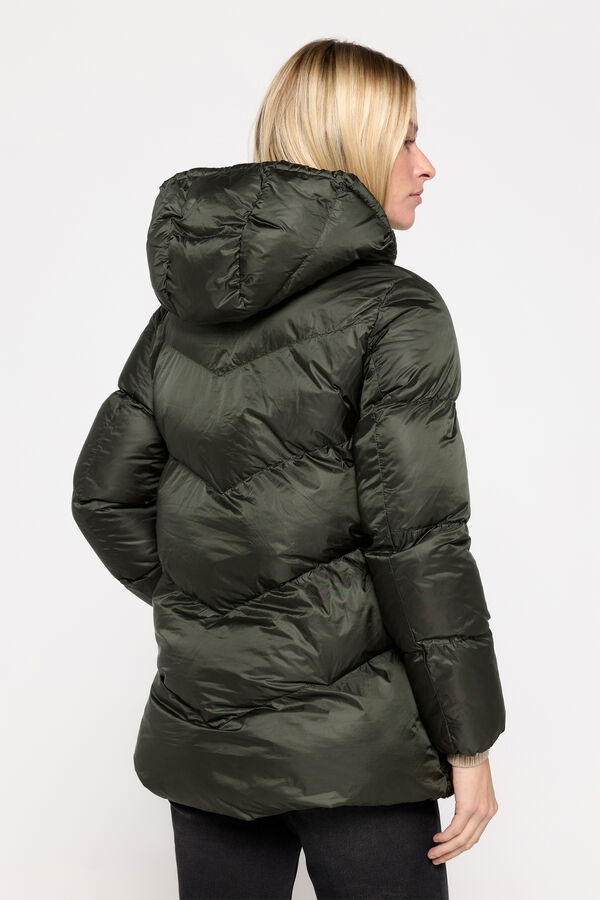 Milano Sobretudo acolchoado com capuz em tecido brilhante Cáqui escuro