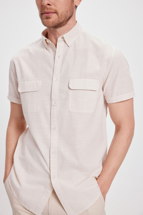 Milano Camisa lisa Slub com bolsos Bege