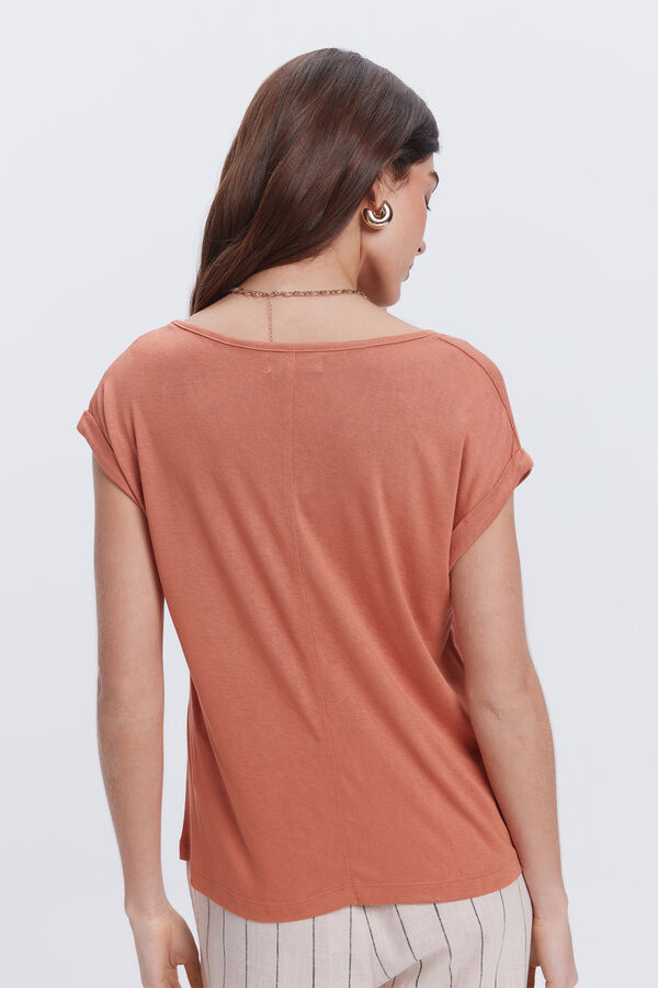 Milano Camiseta gola bico efeito linho Laranja