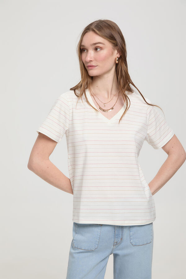 Milano Camiseta de rayas soft touch cuello pico Blanco