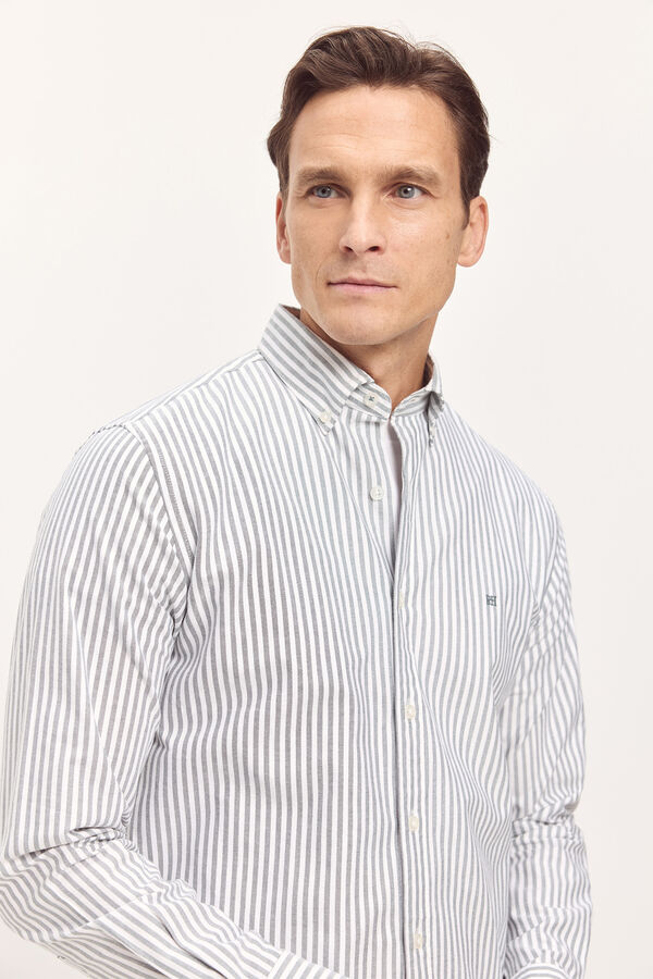 Pedro del Hierro Camisa Oxford listrada PDH Verde escuro