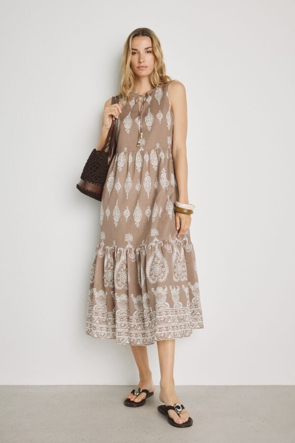 Milano Vestido estampado escote pico Tostado