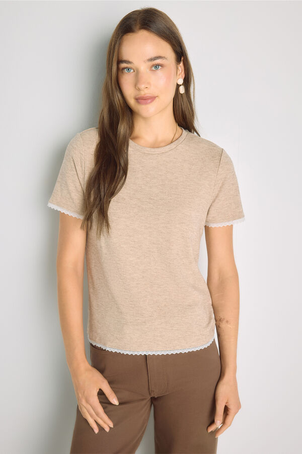 Milano T-shirt de manga curta com renda Bege