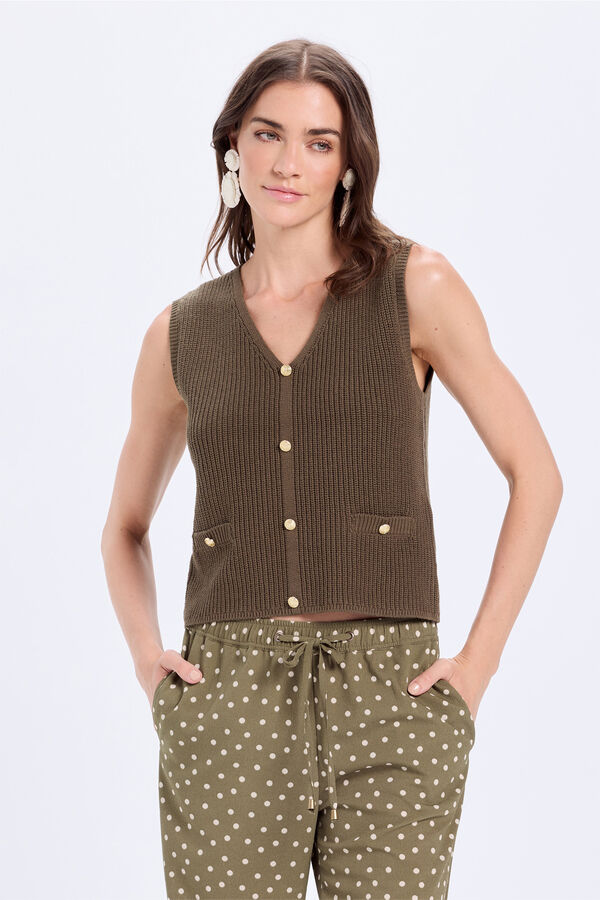 Milano malha de Colete com botões dourados Cáqui escuro