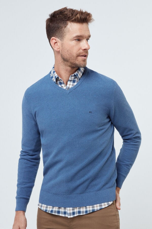 Fifty Outlet camisola de gola em bico com algodão de qualidade com microestrutura Azul