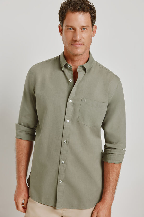 Pedro del Hierro Camisa lisa de manga comprida C&aacute;qui escuro