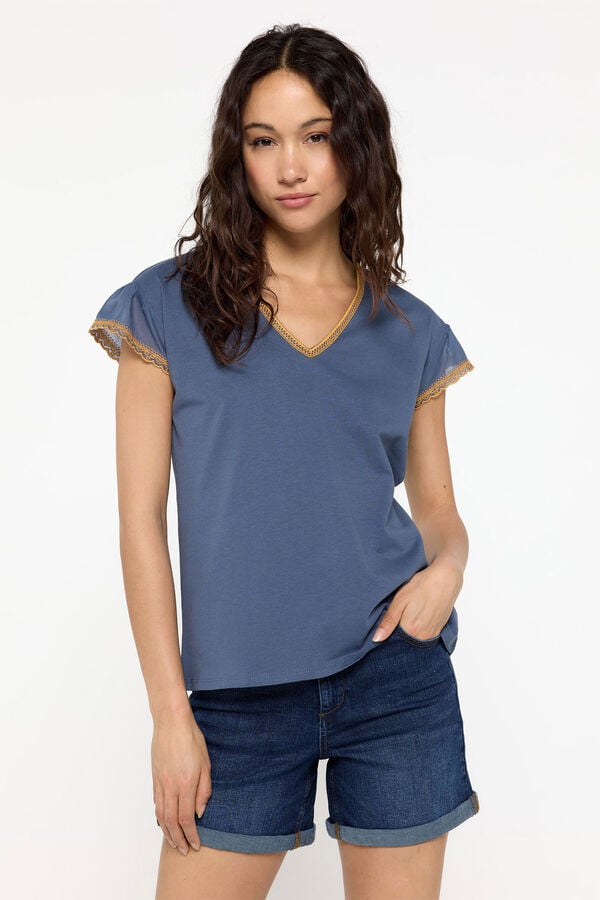 Fifty Outlet Camiseta cuello pico bordada Azul