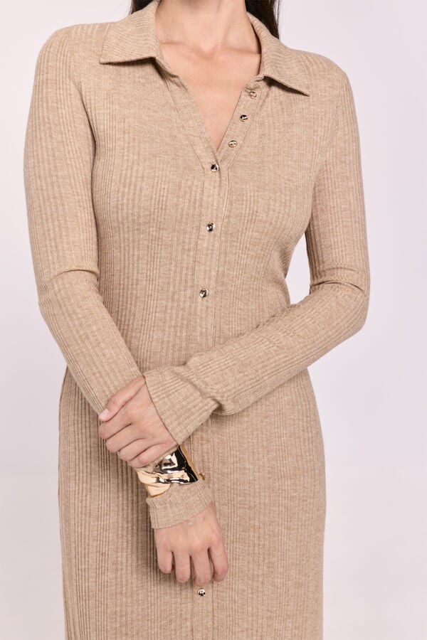 Milano Vestido gola de camisa com bot&otilde;es Castanho