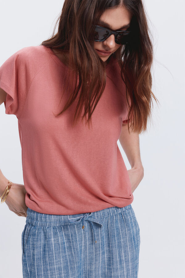 Milano Camiseta gola caixa efeito linho Vermelho