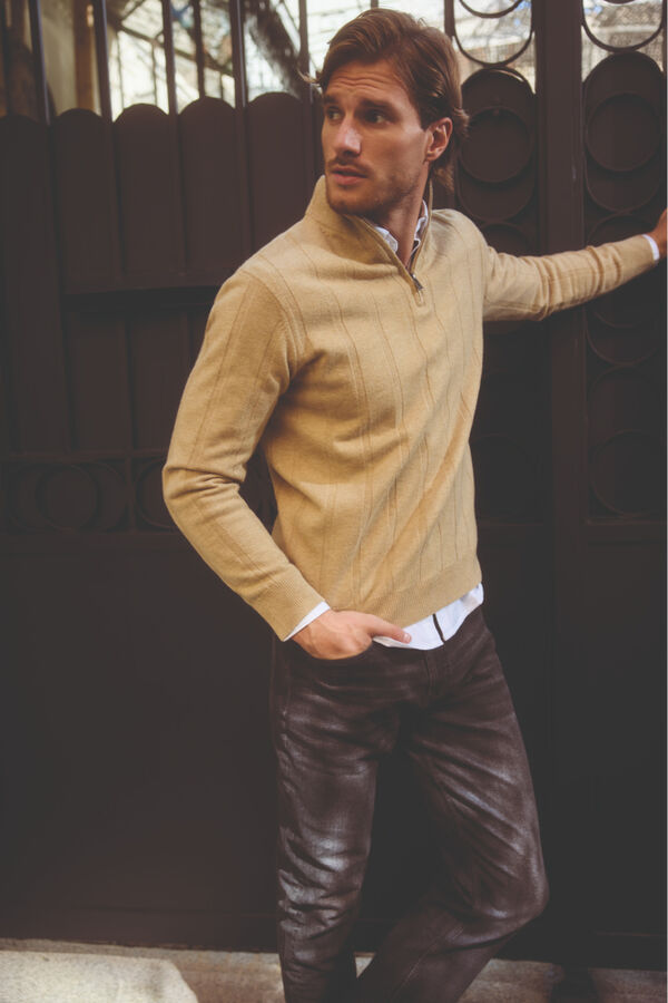 Milano Camisola Canalé com fecho médio Camel