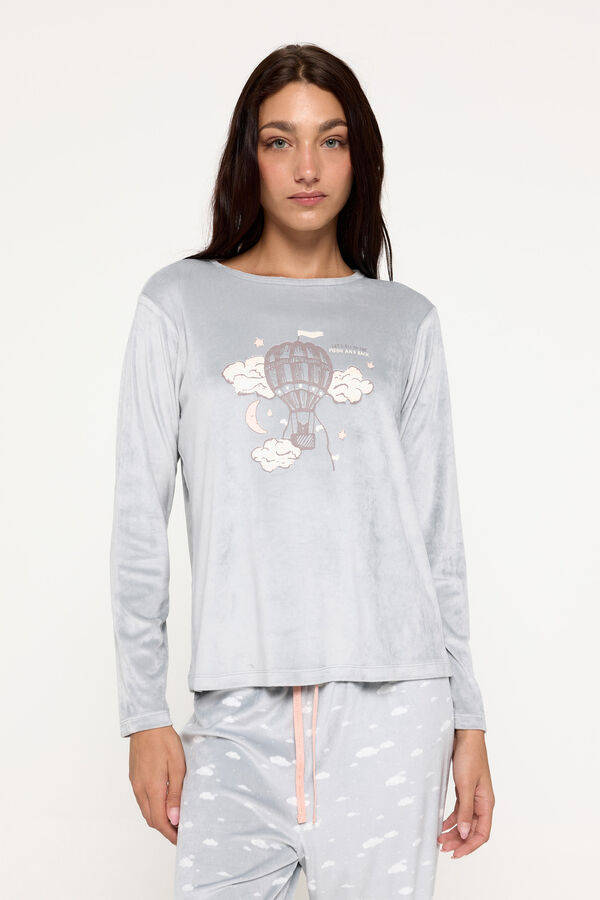 Milano Pijama de velour gris estampado nubes. natural