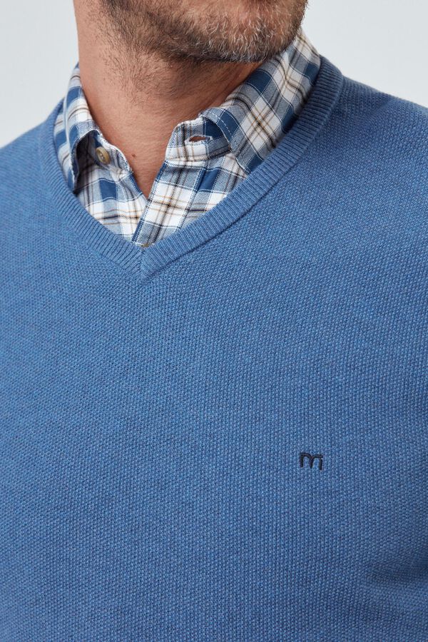 Fifty Outlet camisola de gola em bico com algodão de qualidade com microestrutura Azul