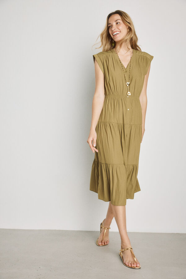 Milano Vestido com decote em bico C&aacute;qui m&eacute;dio