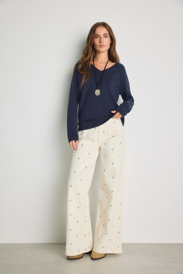Milano Cal&ccedil;a jeans larga bordada Marfim