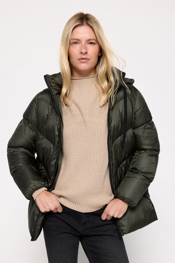 Milano Sobretudo acolchoado com capuz em tecido brilhante Cáqui escuro