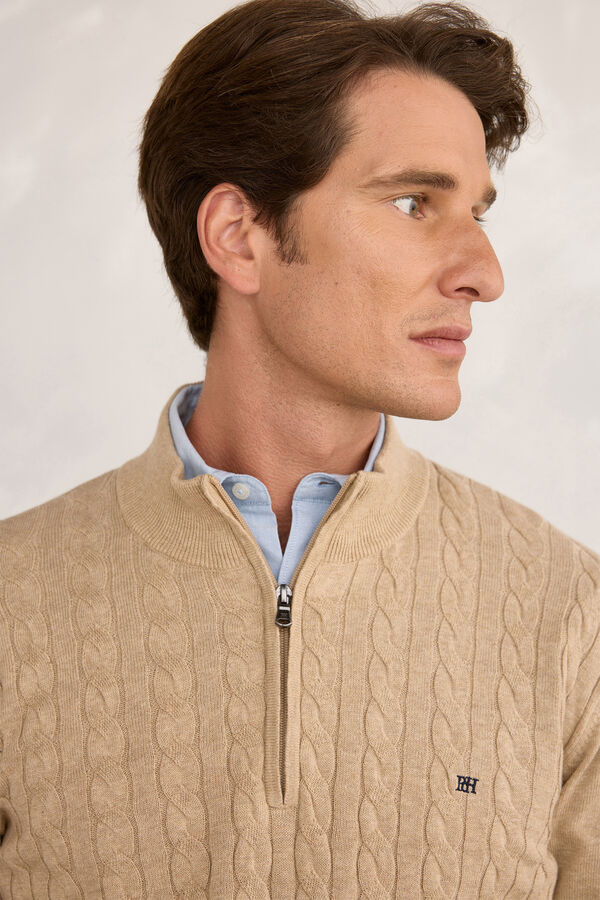 Pedro del Hierro Cardigan com logo e meio zíper Bege