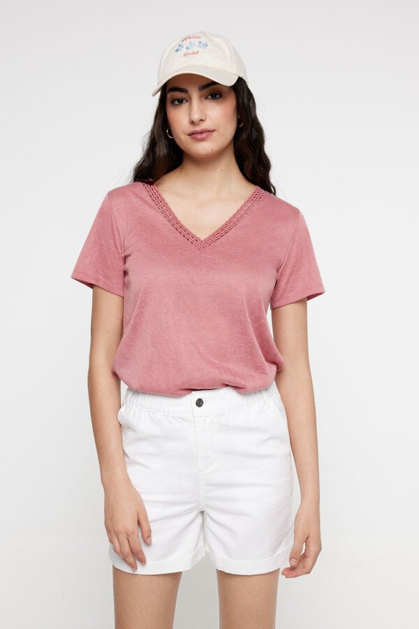 Fifty Outlet Camiseta cuello pico efecto lino Rosa