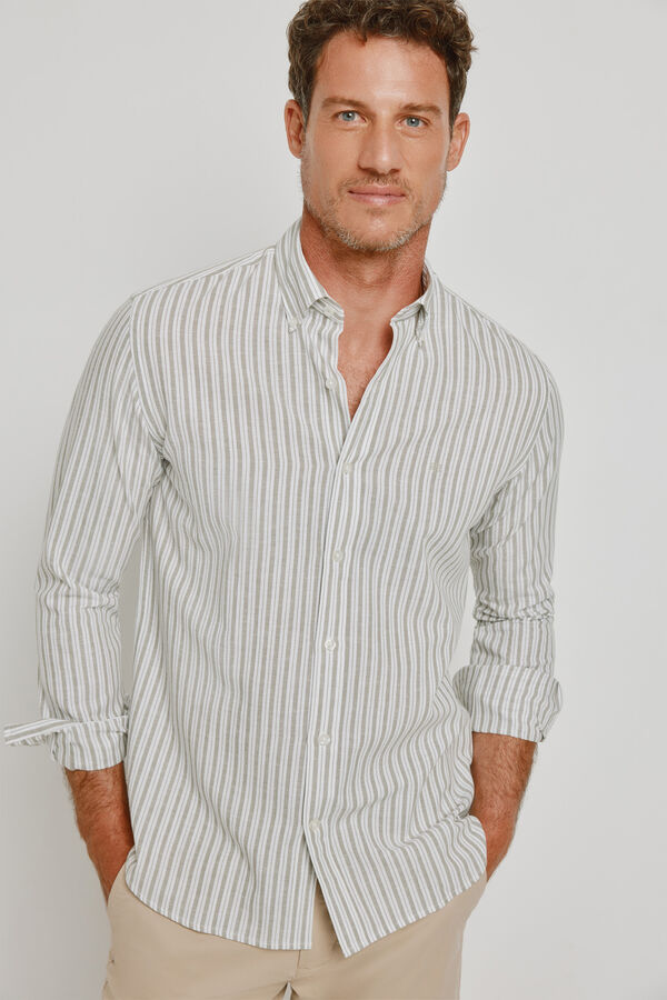 Pedro del Hierro Camisa de riscas de manga comprida C&aacute;qui escuro