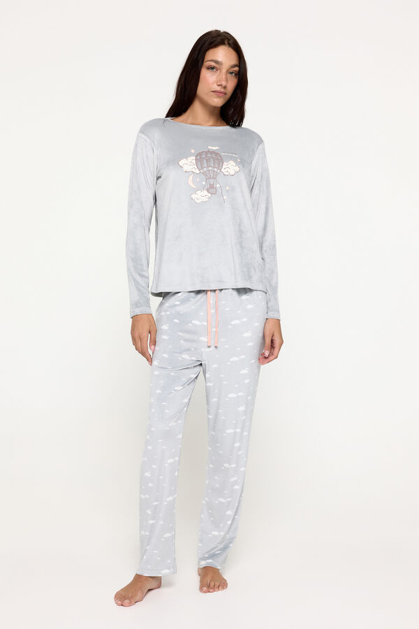 Milano Pijama de velour gris estampado nubes. natural
