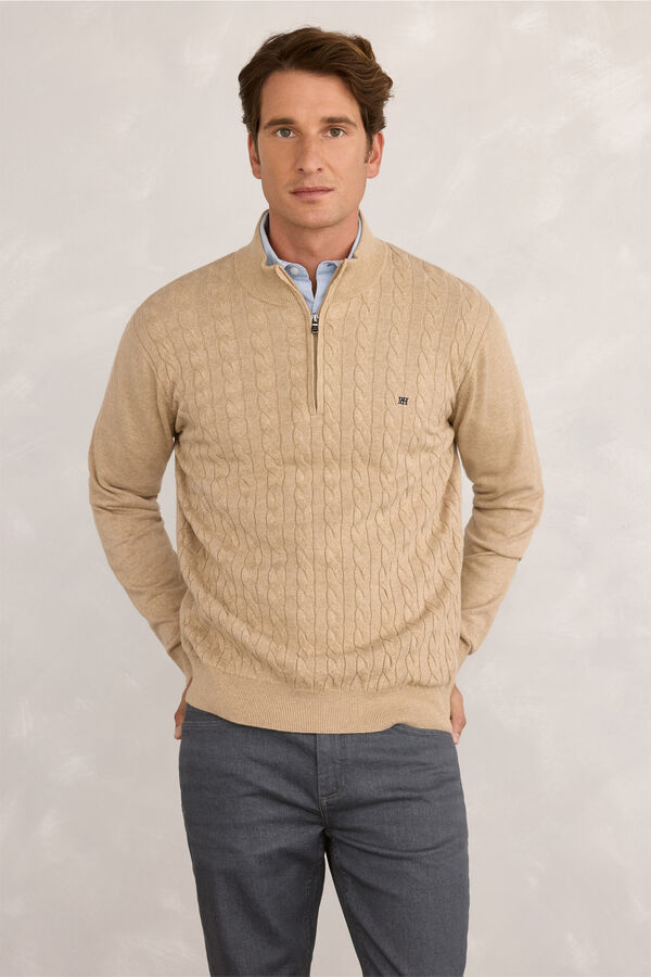 Pedro del Hierro Cardigan com logo e meio zíper Bege