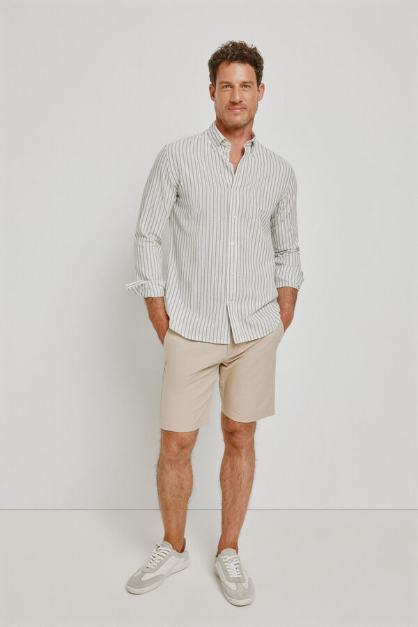 Pedro del Hierro Camisa de riscas de manga comprida C&aacute;qui escuro