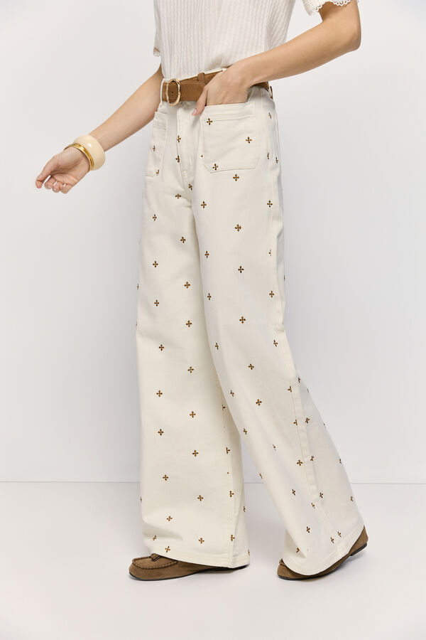 Milano Pantal&oacute;n ancho con bordado Marfil