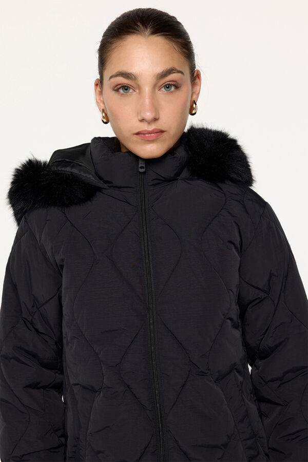 Milano Jaqueta casaco de penas com pelo no capuz Preto