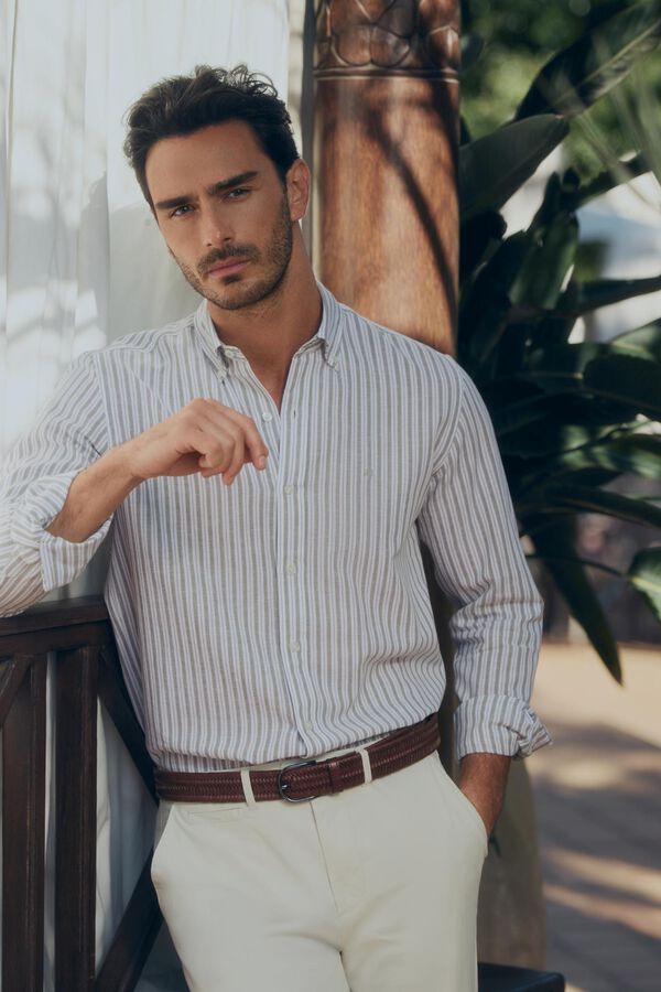 Pedro del Hierro Camisa de riscas de manga comprida C&aacute;qui escuro