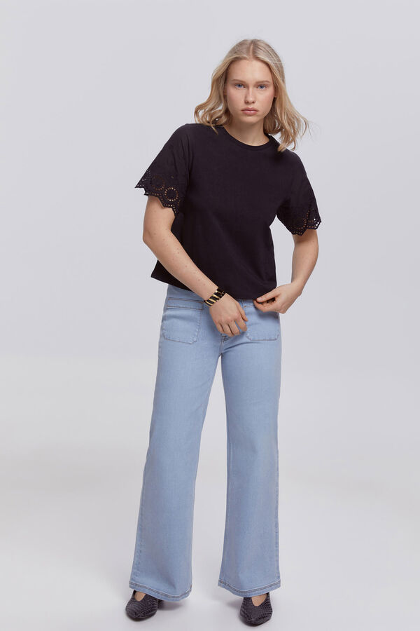 Milano T-shirt com mangas bordadas Preto