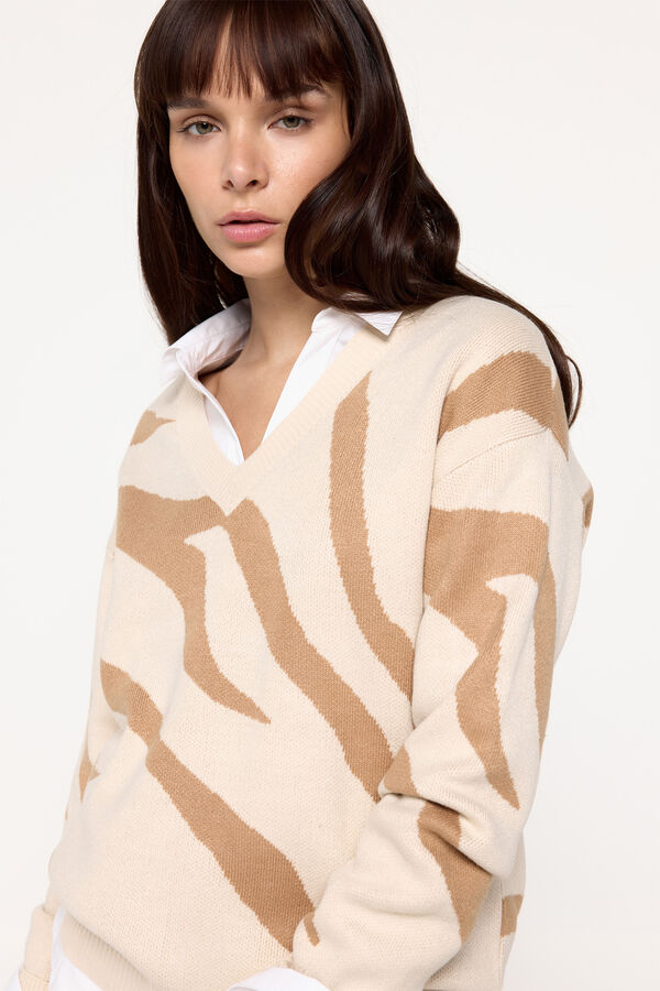 Fifty Outlet Suéter bico com jacquard zebra Camel