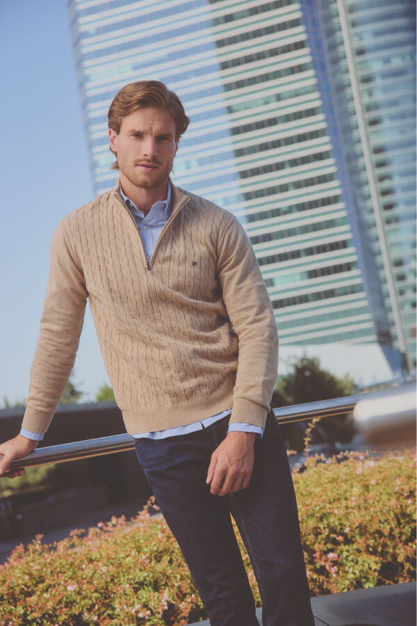 Pedro del Hierro Cardigan com logo e meio zíper Bege