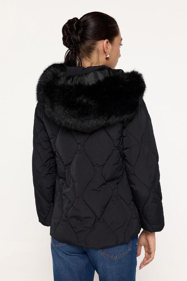 Milano Jaqueta casaco de penas com pelo no capuz Preto