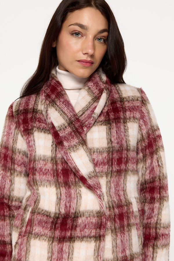 Milano Sobretudo curto trespassado em tecido xadrez efeito lã Bordeaux