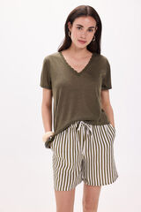 Milano Camiseta efecto lino cuello pico con crochet Kaki Oscuro