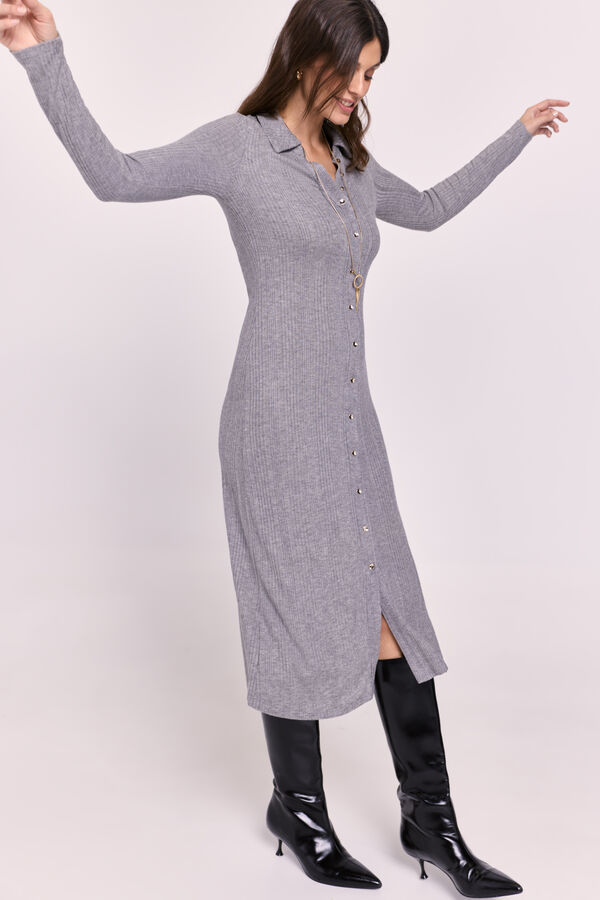Milano Vestido gola de camisa com bot&otilde;es Cinza medio