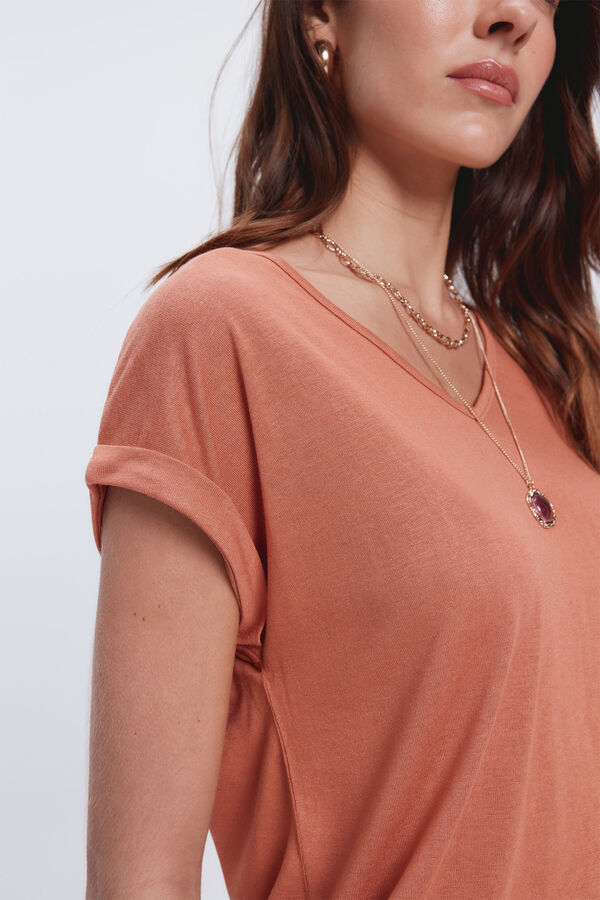 Milano Camiseta gola bico efeito linho Laranja