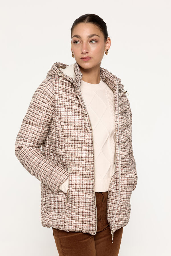 Milano Sobretudo acolchoado em tecido estampado com capuz Estampado bronzeada