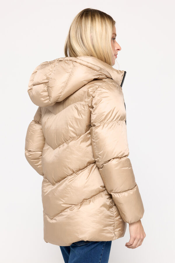 Milano Sobretudo acolchoado com capuz em tecido brilhante Camel