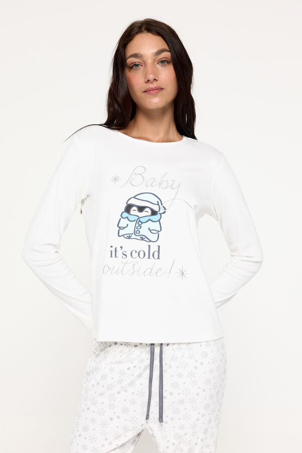 Milano Pijama de velour blanco con estampado copos de nieve. natural